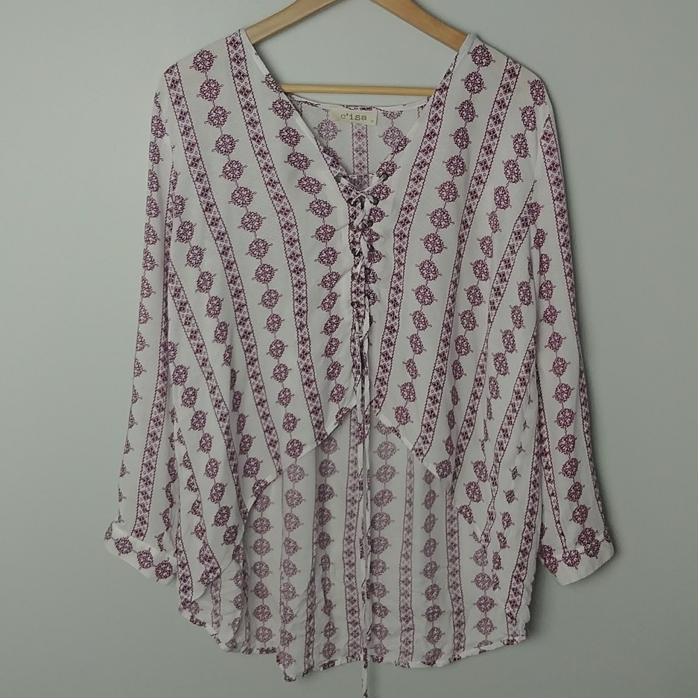 C'isa Floral Bohemian High Low Blouse With Lace Up Front And Long Sleeves Smock